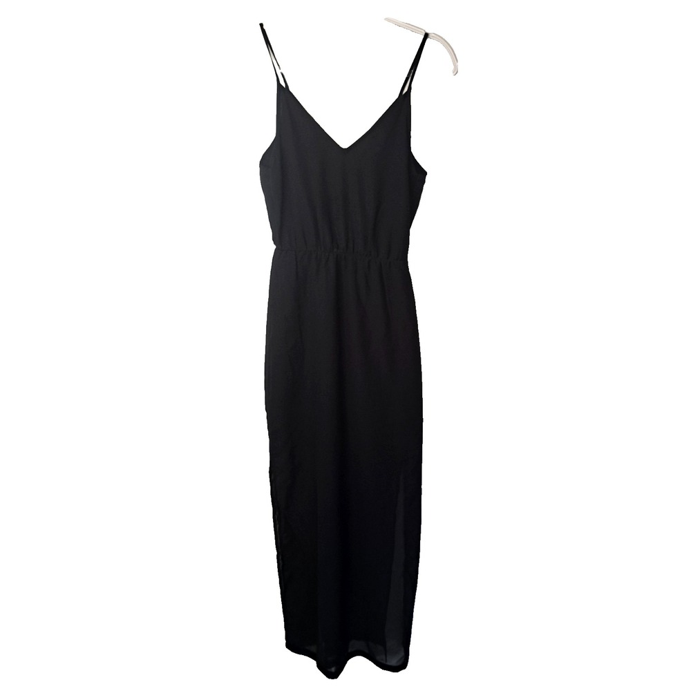 DIVIDED LBD Maxi‎ Dress Women's 2 Tank Slip Sundress Sheer Slits Black V-Neck